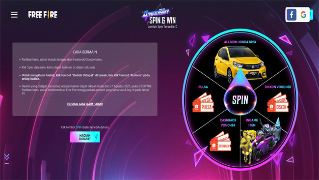 www.free fire.garena.co.id/spin - Situs Spin Hadiah Grand Prize FF 2021